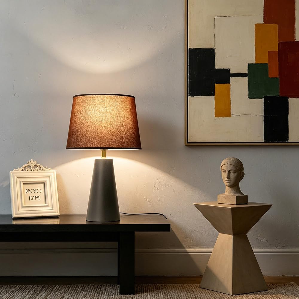 Genesolar Modern Bedside Table Lamp – Linen Shade, Black Metal Base