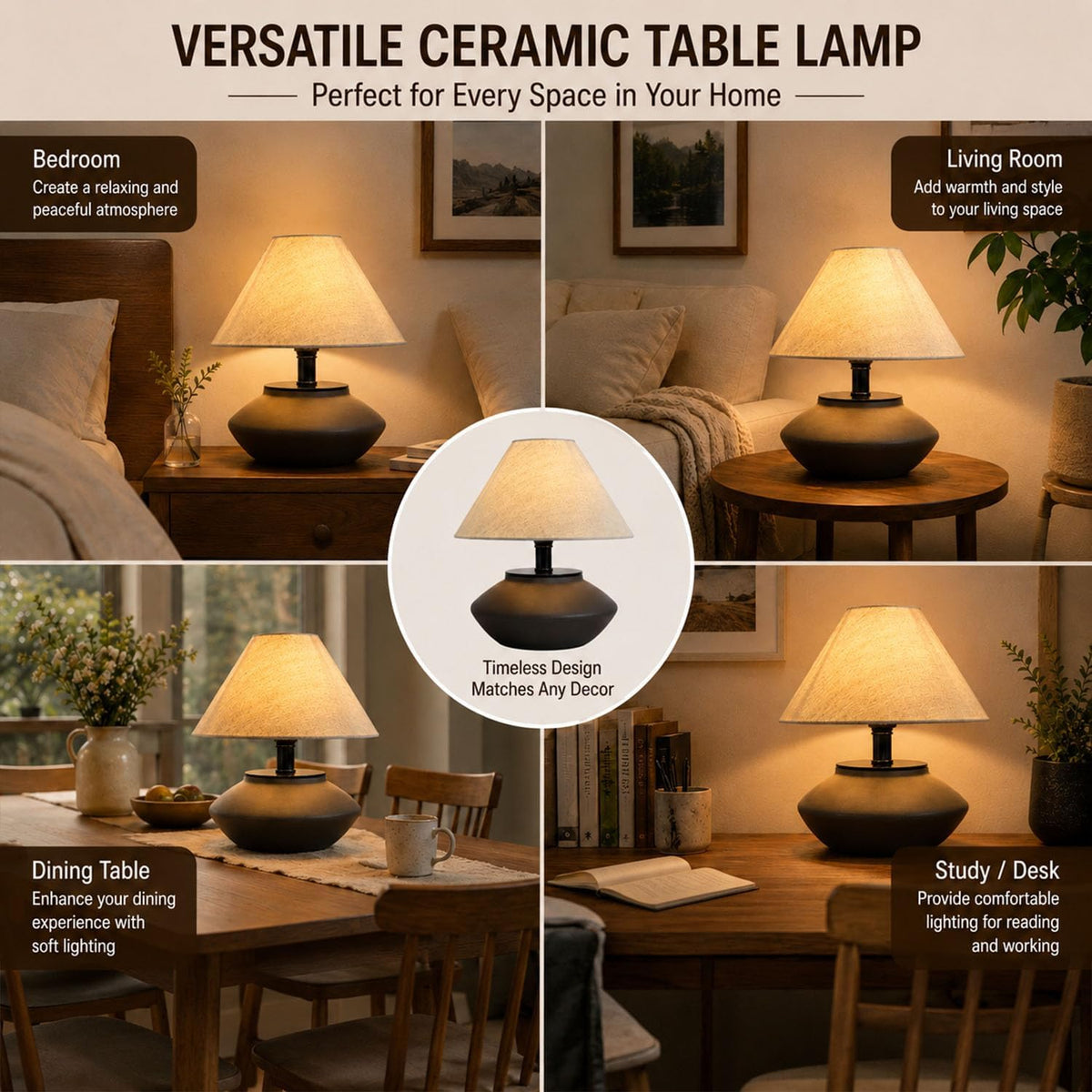 Genesolar Farmhouse Ceramic Table Lamp – Black Base, Linen Shade