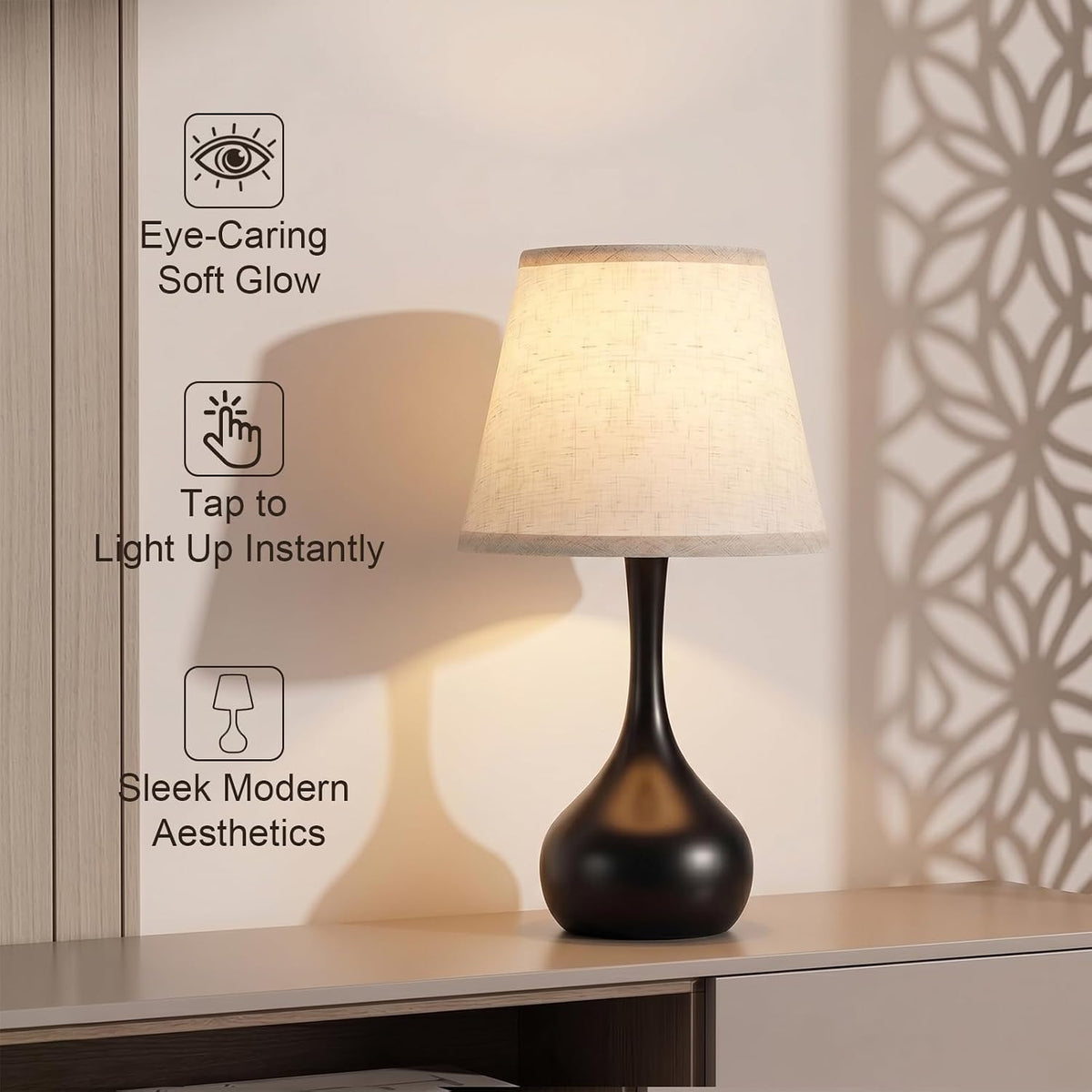 Genesolar Touch Bedside Table Lamp – 3-Way Dimmable with Fabric Shade