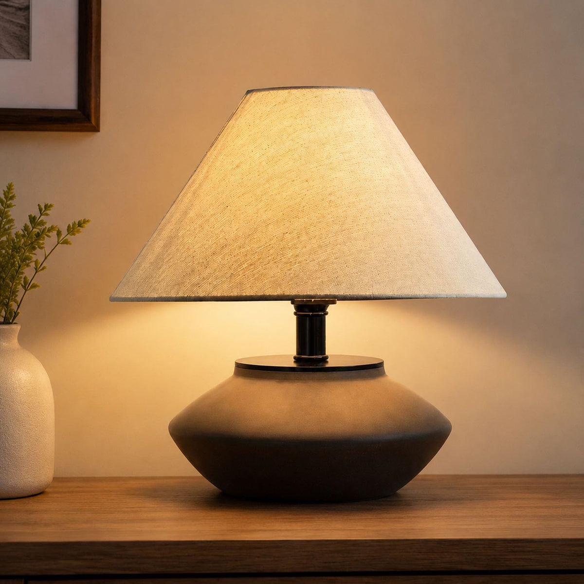 Genesolar Farmhouse Ceramic Table Lamp – Black Base, Linen Shade