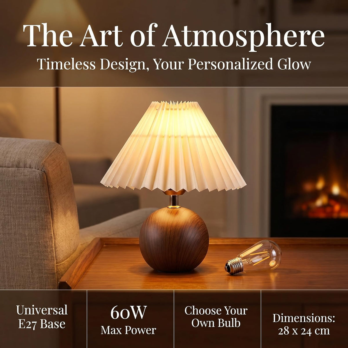 Genesolar Ceramic Globe Table Lamp – Walnut Base, Beige Shade