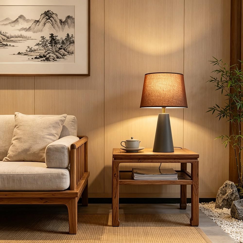 Genesolar Modern Bedside Table Lamp – Linen Shade, Black Metal Base