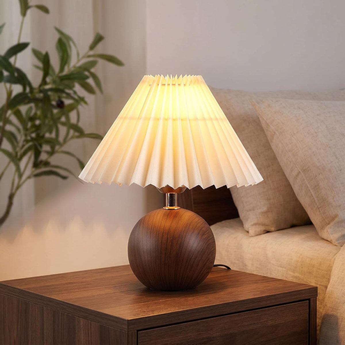 Genesolar Ceramic Globe Table Lamp – Walnut Base, Beige Shade