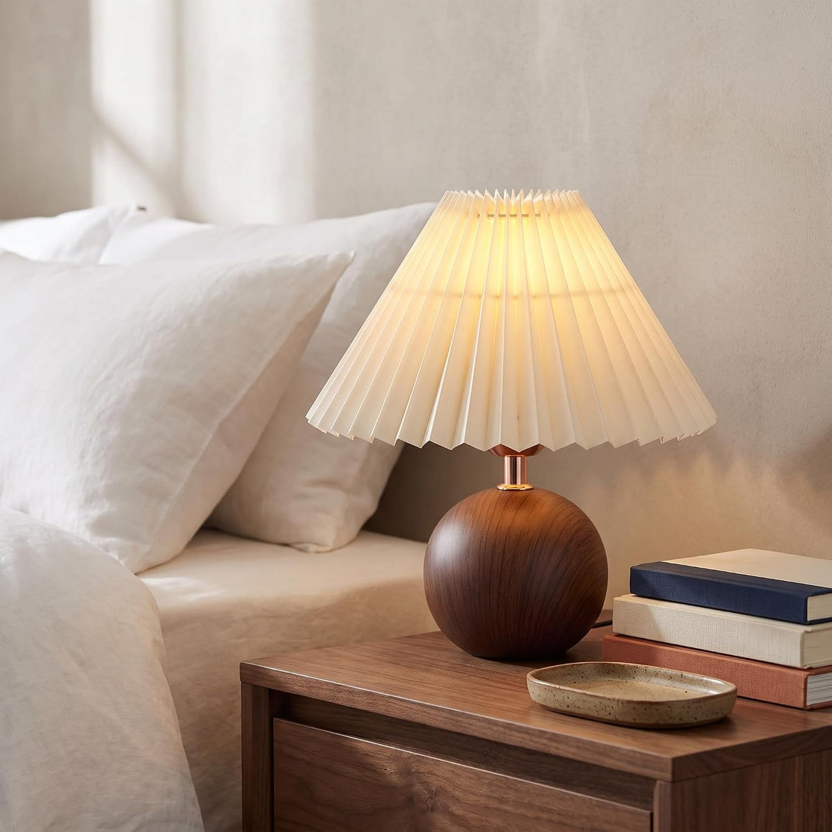 Genesolar Ceramic Globe Table Lamp – Walnut Base, Beige Shade