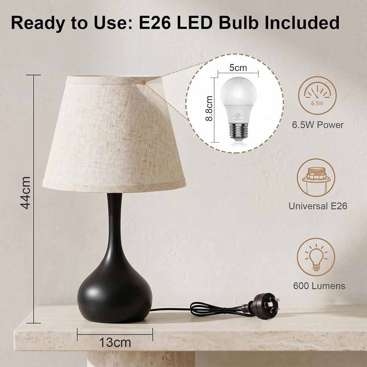 Genesolar Touch Bedside Table Lamp – 3-Way Dimmable with Fabric Shade