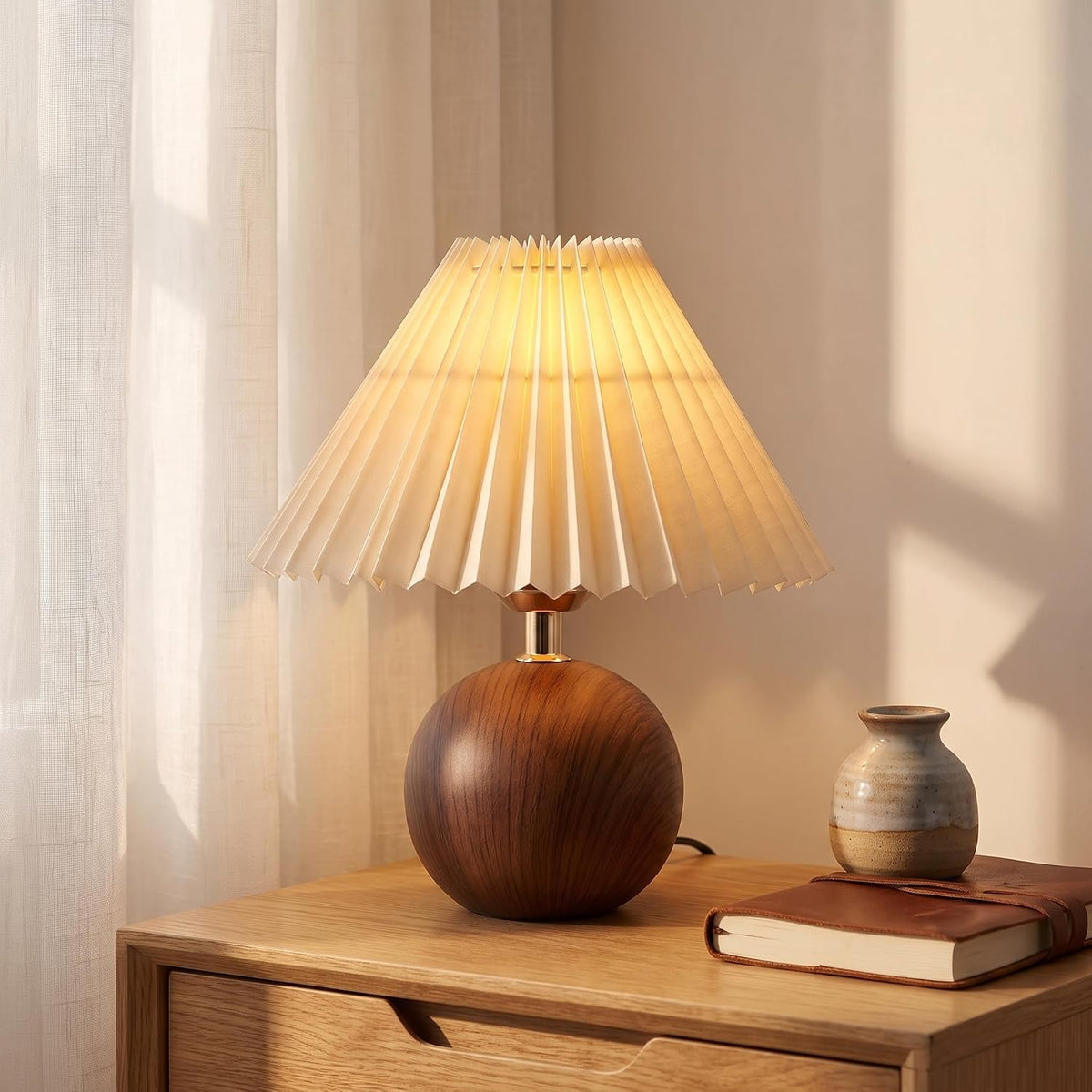 Genesolar Ceramic Globe Table Lamp – Walnut Base, Beige Shade