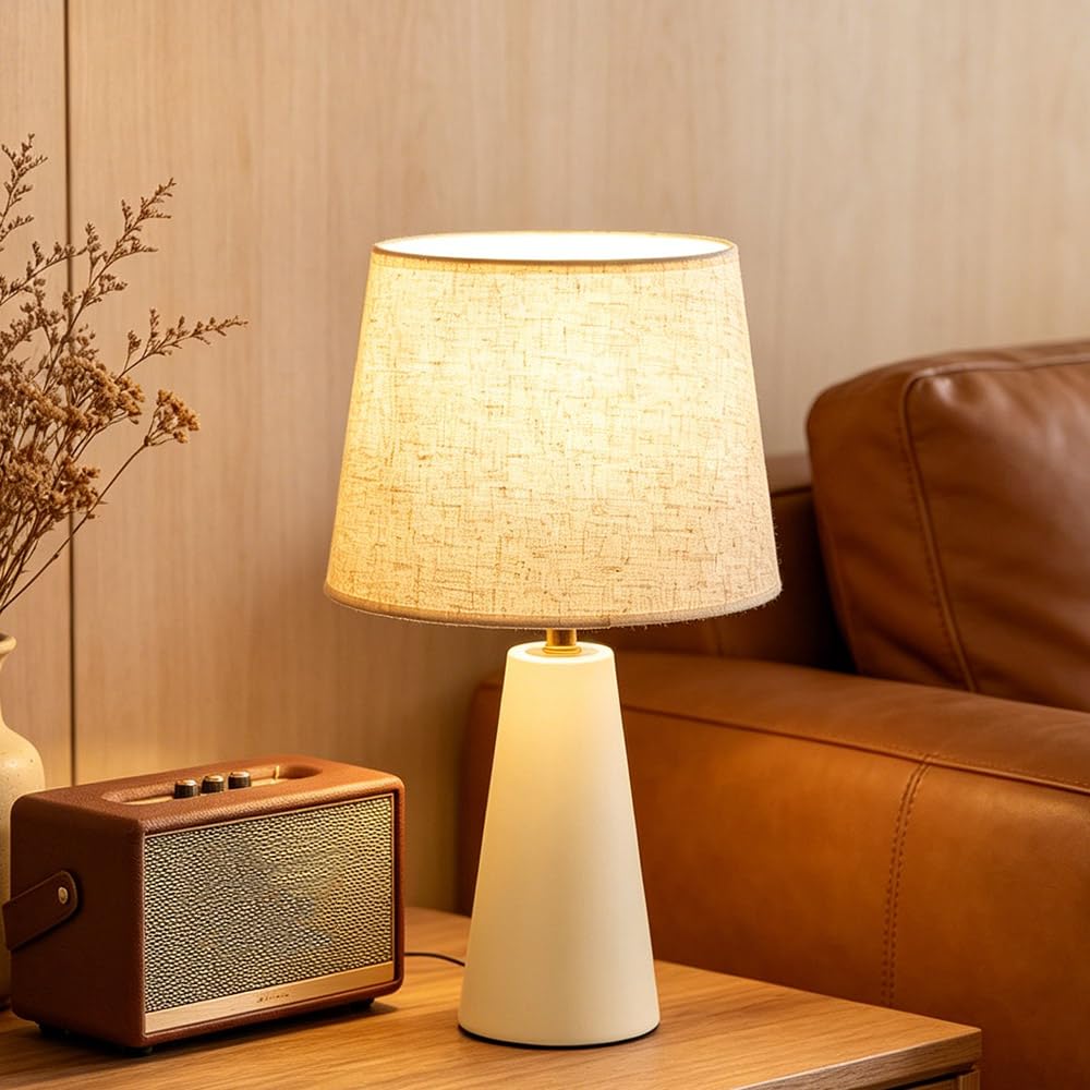 Genesolar Modern Bedside Table Lamp – Linen Shade, Black Metal Base