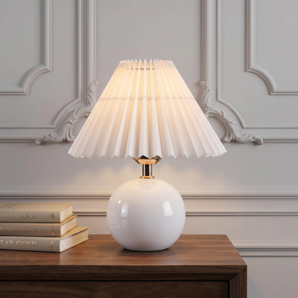 Genesolar Ceramic Globe Table Lamp – Walnut Base, Beige Shade