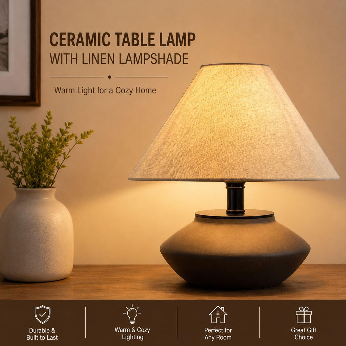 Genesolar Farmhouse Ceramic Table Lamp – Black Base, Linen Shade