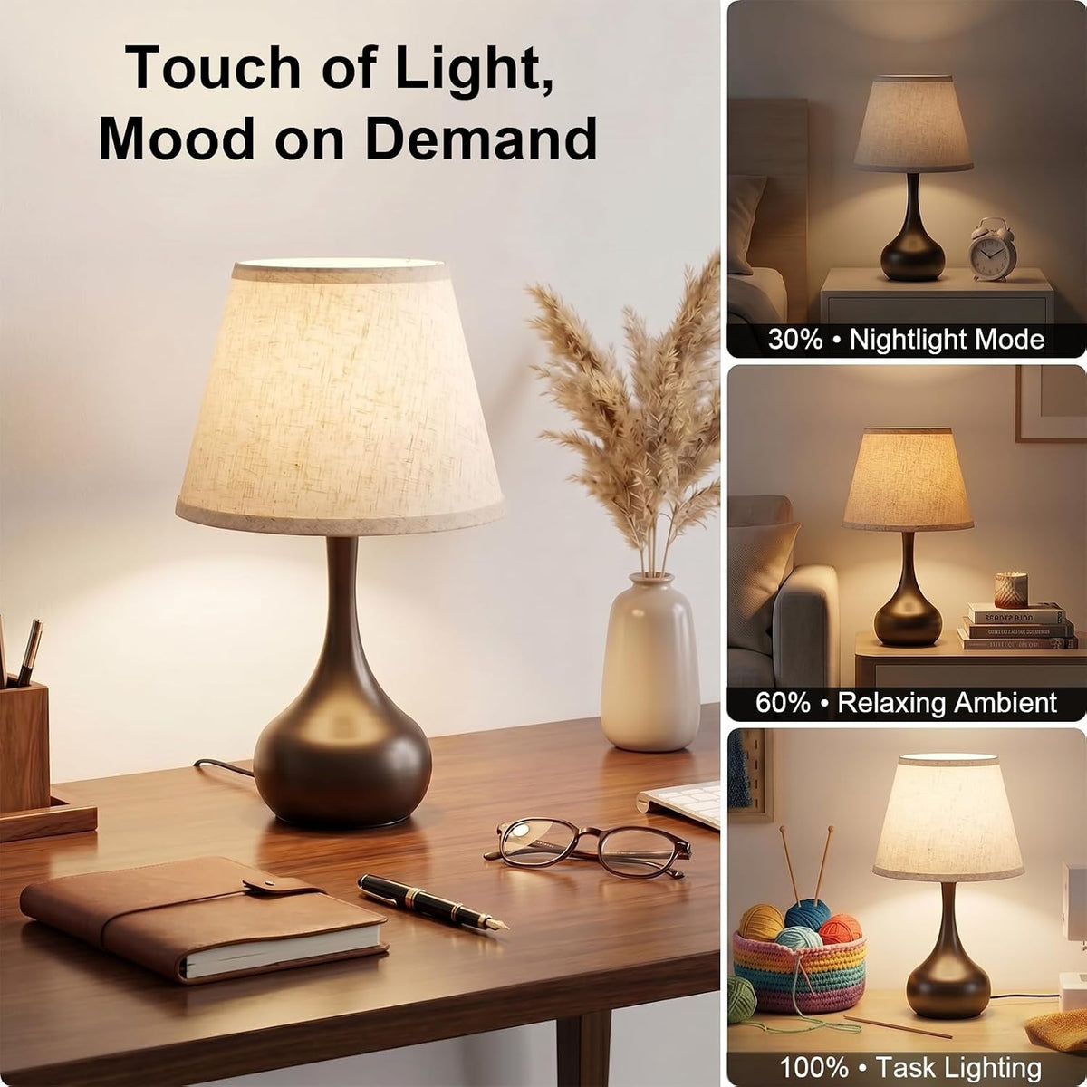 Genesolar Touch Bedside Table Lamp – 3-Way Dimmable with Fabric Shade