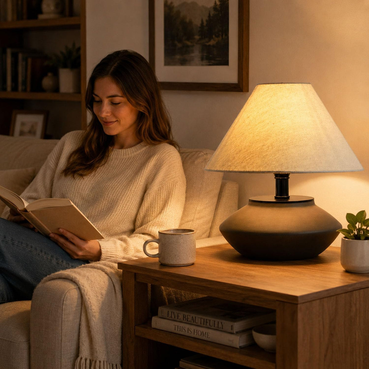 Genesolar Farmhouse Ceramic Table Lamp – Black Base, Linen Shade
