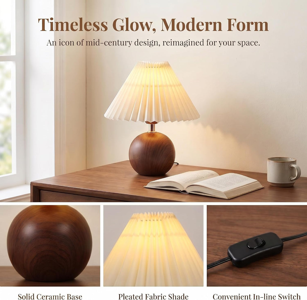 Genesolar Ceramic Globe Table Lamp – Walnut Base, Beige Shade
